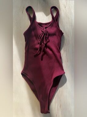 Ribbed Lace-Up Body Suit Burgundy